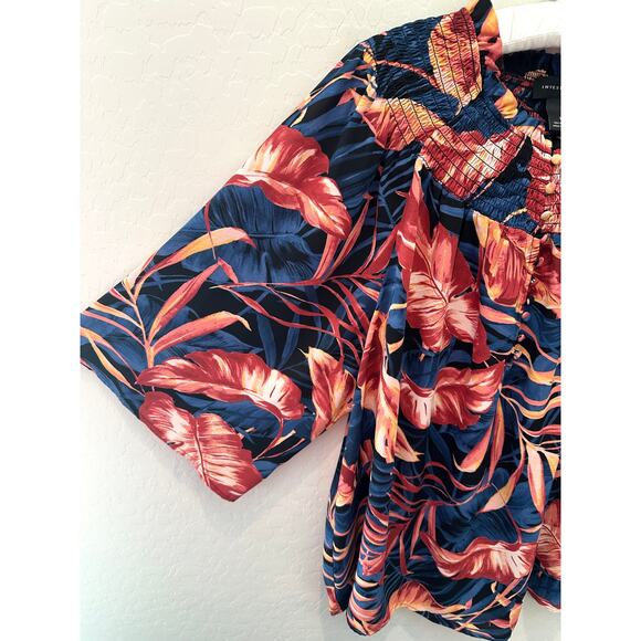 INVESTMENTS | Silky Hawaiian Floral Contemporary Smock Flutter Sleeve Blouse |XL - Picture 3 of 7